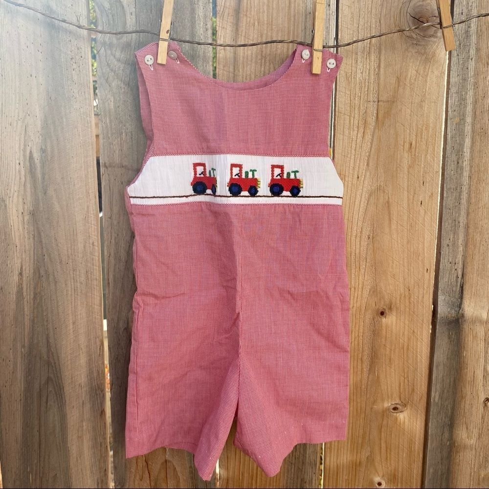 Vive la Fete Baby Boy Overall One-Piece Red Gingham Pocket with trains 18M